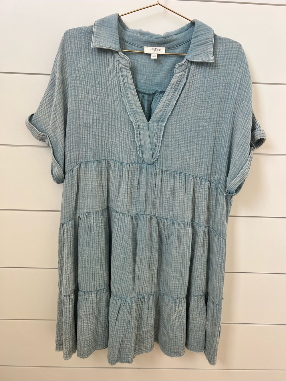 Umgee Blue Cotton Tiered Shirt Dress